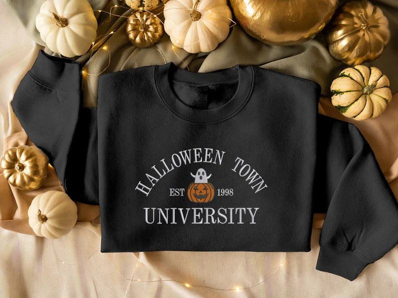 Halloween Town University Sweatshirt, Embroidered Halloween Fall Jumper, Spooky Season Crewneck Sweatshirt, Pumpkin Embroidery Est Outfits