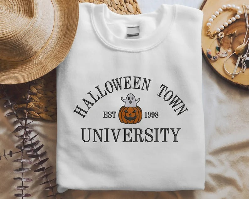 Halloween Town University Sweatshirt, Embroidered Halloween Fall Jumper, Spooky Season Crewneck Sweatshirt, Pumpkin Embroidery Est Outfits