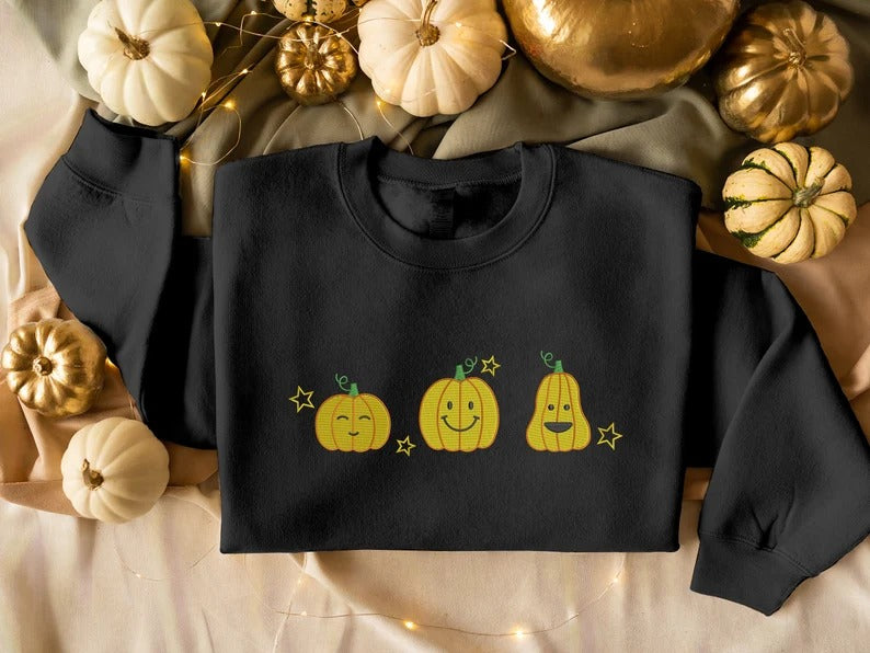 Halloween Trio Pumpkins Sweatshirt, Vintage Halloween Embroidered Sweater, Funny Fall Matching Jumpers, Comfy Halloween Outfits for Adults