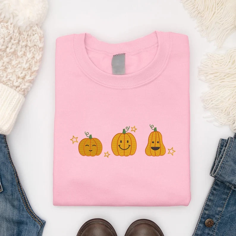 Halloween Trio Pumpkins Sweatshirt, Vintage Halloween Embroidered Sweater, Funny Fall Matching Jumpers, Comfy Halloween Outfits for Adults