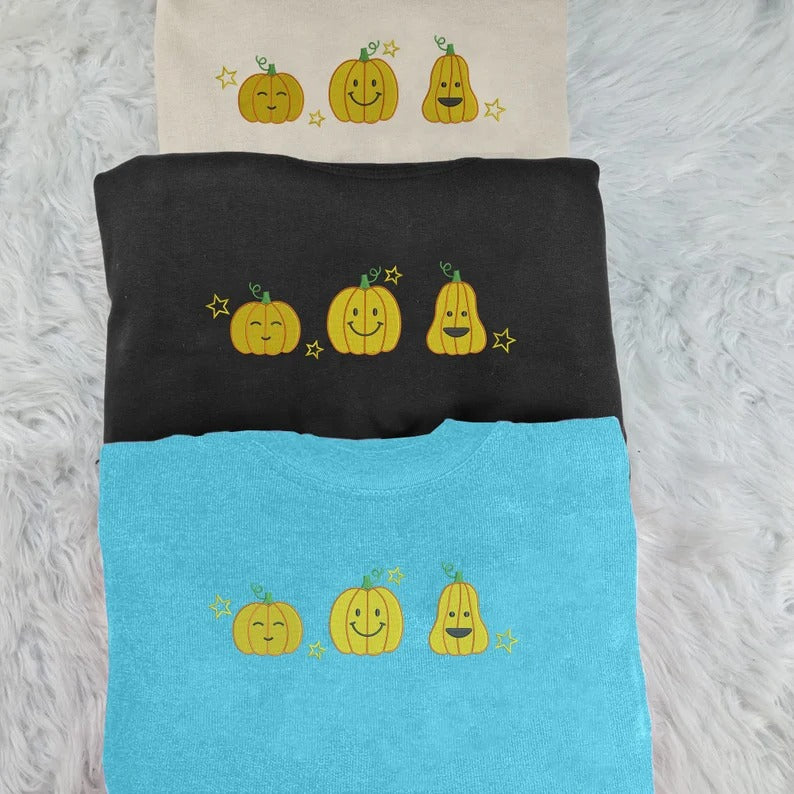 Halloween Trio Pumpkins Sweatshirt, Vintage Halloween Embroidered Sweater, Funny Fall Matching Jumpers, Comfy Halloween Outfits for Adults