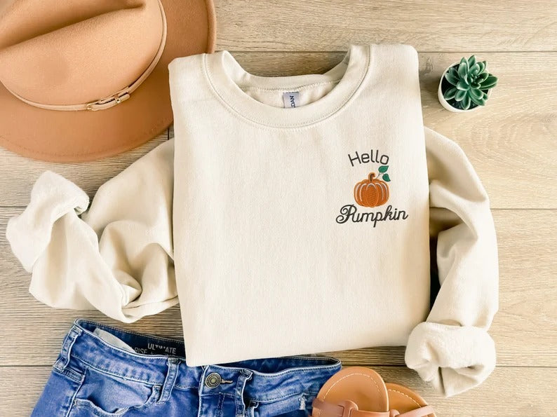 Hello Pumpkin Sweatshirt, Vintage Halloween Embroidered Sweatshirt, Pumpkin Matching Sweater, Spooky Season Jumper, Cute Halloween Clothing