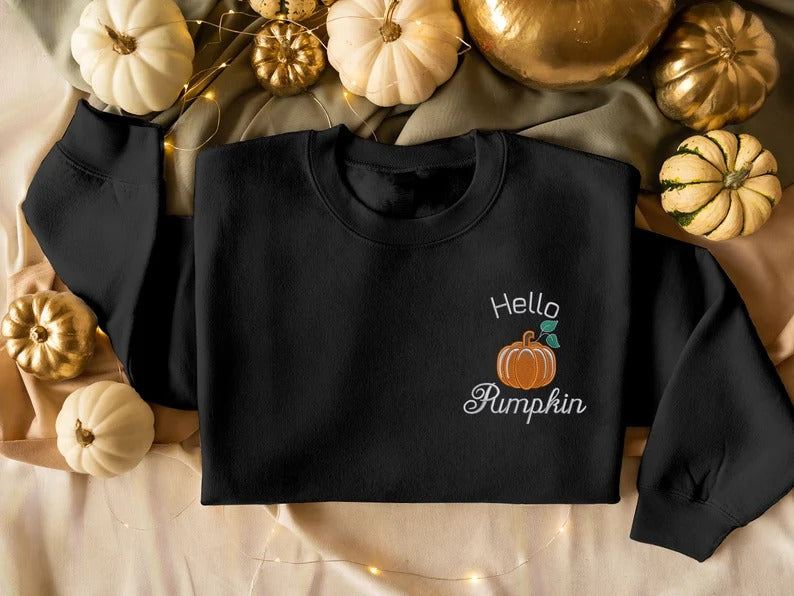 Hello Pumpkin Sweatshirt, Vintage Halloween Embroidered Sweatshirt, Pumpkin Matching Sweater, Spooky Season Jumper, Cute Halloween Clothing