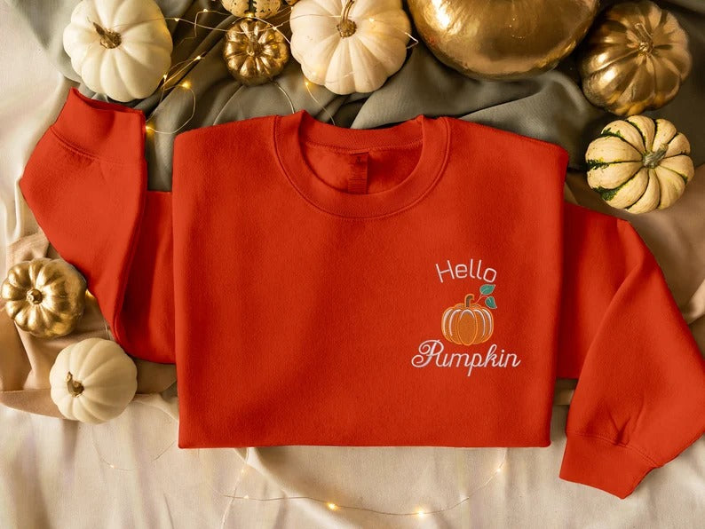 Hello Pumpkin Sweatshirt, Vintage Halloween Embroidered Sweatshirt, Pumpkin Matching Sweater, Spooky Season Jumper, Cute Halloween Clothing