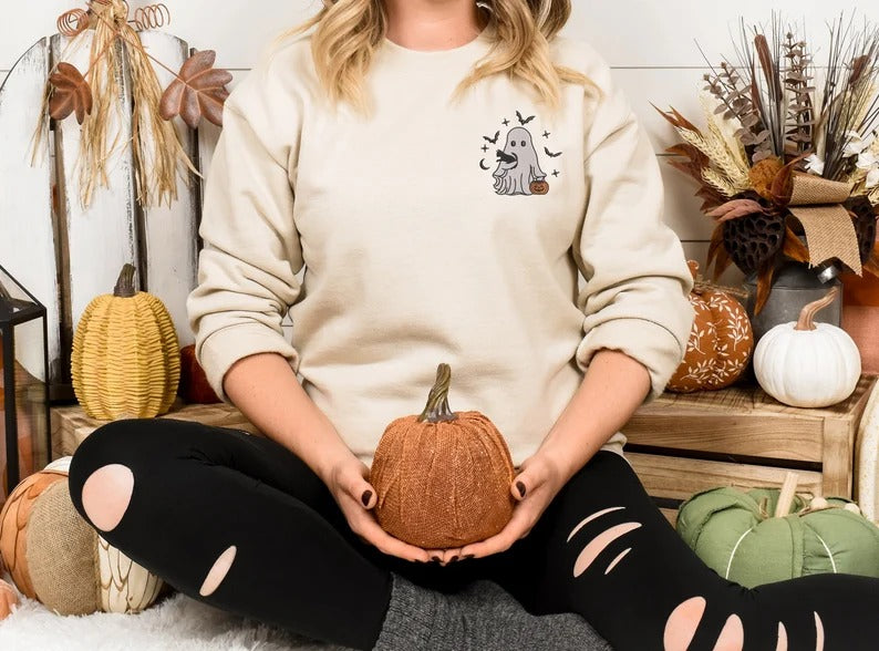 Embroidered Halloween Ghost Sweatshirt, Vintage Fall Ghost Pumpkin Sweater, Halloween Black Cat Jumper, Spooky Season Cat Lovers Clothing