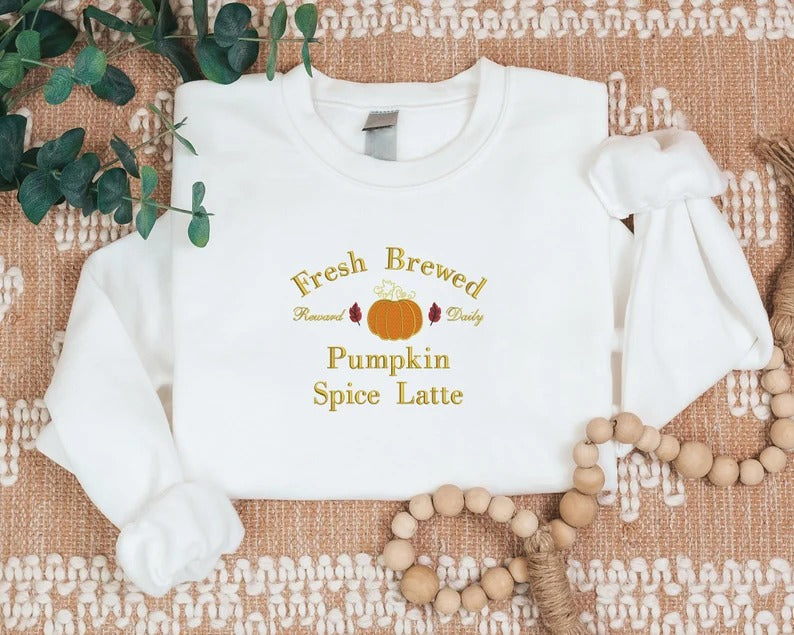 Pumpkin Spice Latte Sweatshirt, Halloween Pumpkin Embroidered Sweater, Vintage Autumn Fall Matching Jumper, Comfy Halloween Adults Outfits