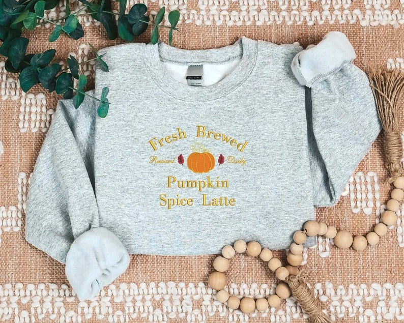 Pumpkin Spice Latte Sweatshirt, Halloween Pumpkin Embroidered Sweater, Vintage Autumn Fall Matching Jumper, Comfy Halloween Adults Outfits