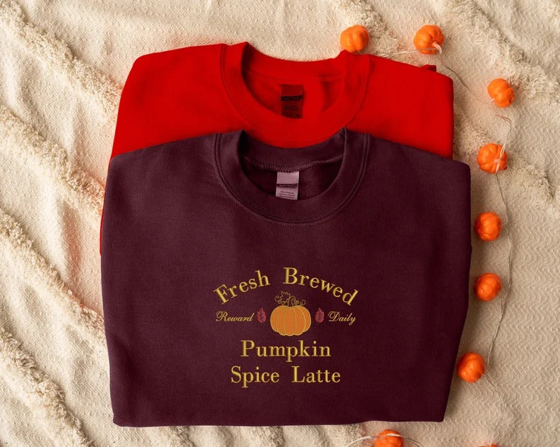 Pumpkin Spice Latte Sweatshirt, Halloween Pumpkin Embroidered Sweater, Vintage Autumn Fall Matching Jumper, Comfy Halloween Adults Outfits