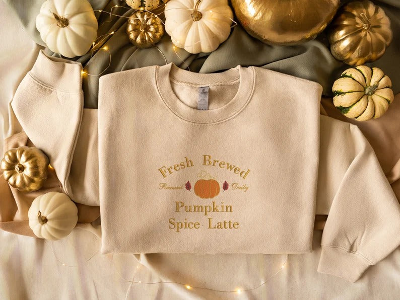 Pumpkin Spice Latte Sweatshirt, Halloween Pumpkin Embroidered Sweater, Vintage Autumn Fall Matching Jumper, Comfy Halloween Adults Outfits