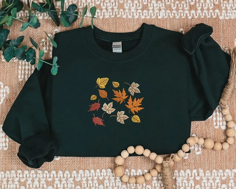 Embroidered Falling Leaves Sweater, Vintage Autumn Fall Sweatshirt, Thanksgiving Crewneck Foliage Jumper, Autumn Season Outfits Gift for Him