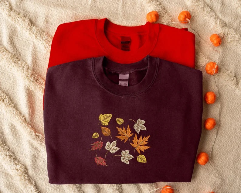 Embroidered Falling Leaves Sweater, Vintage Autumn Fall Sweatshirt, Thanksgiving Crewneck Foliage Jumper, Autumn Season Outfits Gift for Him