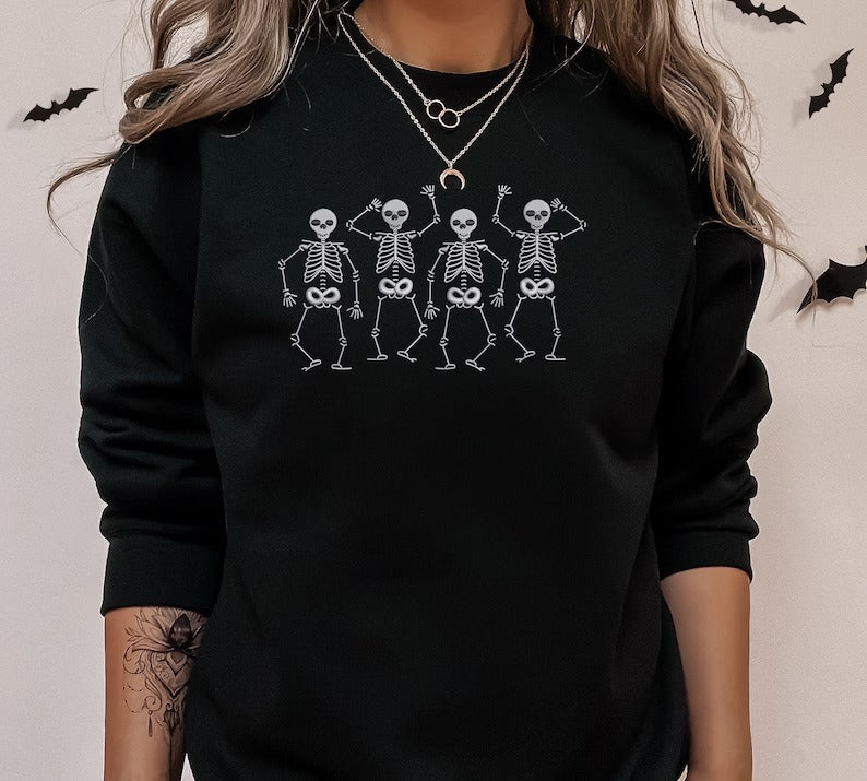 Halloween Dancing Skeletons Sweater, Embroidered Dainty Skull Sweatshirt, Vintage Fall Spooky Season Jumper, Cute Halloween Party Clothing