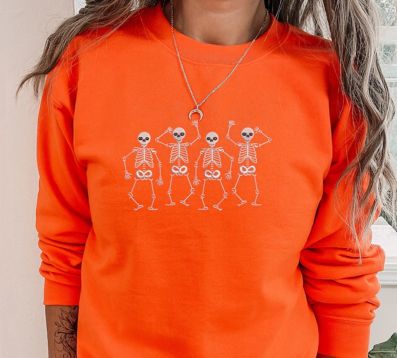 Halloween Dancing Skeletons Sweater, Embroidered Dainty Skull Sweatshirt, Vintage Fall Spooky Season Jumper, Cute Halloween Party Clothing