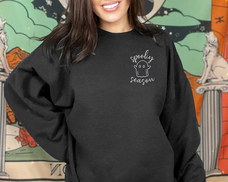 Halloween Sweatshirt, Spooky Season Embroidered Ghost Monogram Crewneck Jumper, Halloween Matching Vacation Aesthetic Unisex Sweater Gifts