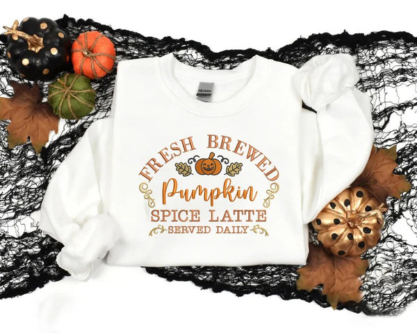 Pumpkin Spiced Latte Fall Sweatshirt, Vintage Halloween Pumpkin Sweatshirt, Autumn Leaves Embroidered Jumper, Halloween Coffee Lovers Gifts