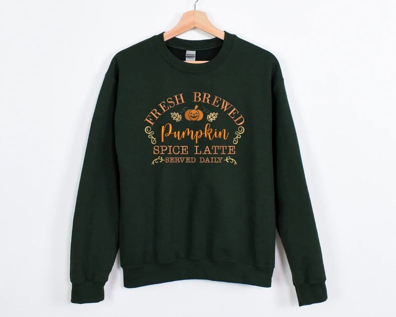 Pumpkin Spiced Latte Fall Sweatshirt, Vintage Halloween Pumpkin Sweatshirt, Autumn Leaves Embroidered Jumper, Halloween Coffee Lovers Gifts