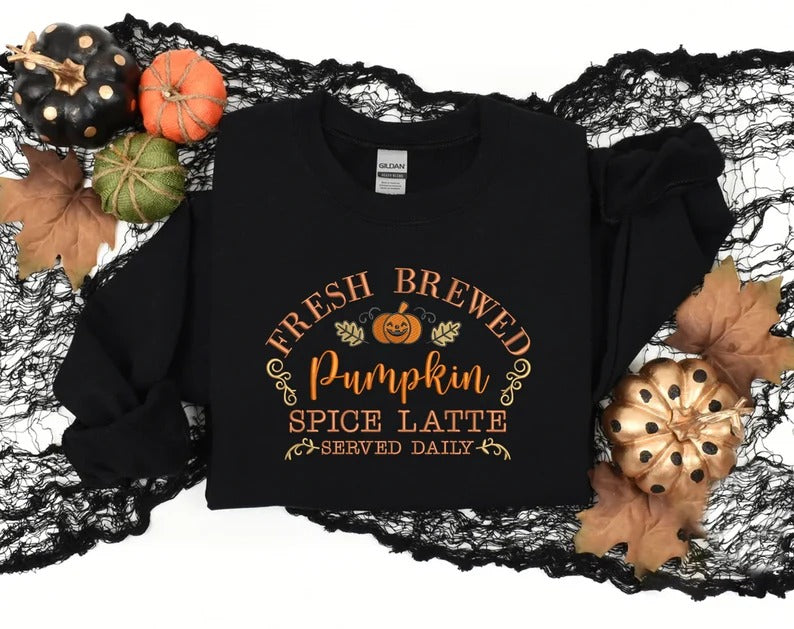 Pumpkin Spiced Latte Fall Sweatshirt, Vintage Halloween Pumpkin Sweatshirt, Autumn Leaves Embroidered Jumper, Halloween Coffee Lovers Gifts