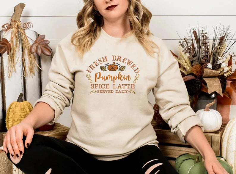 Pumpkin Spiced Latte Fall Sweatshirt, Vintage Halloween Pumpkin Sweatshirt, Autumn Leaves Embroidered Jumper, Halloween Coffee Lovers Gifts