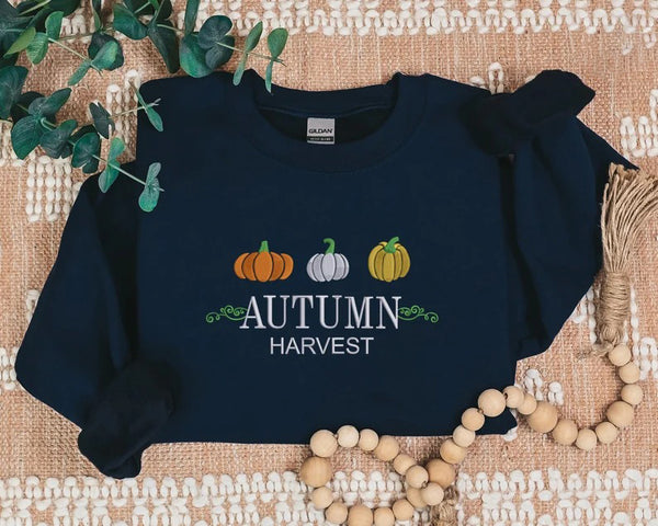 Vintage Autumn Harvest Sweatshirt, Embroidered Halloween Pumpkin Sweater, Fall Thanksgiving Jumper, Halloween Autumn Season Clothing Gifts