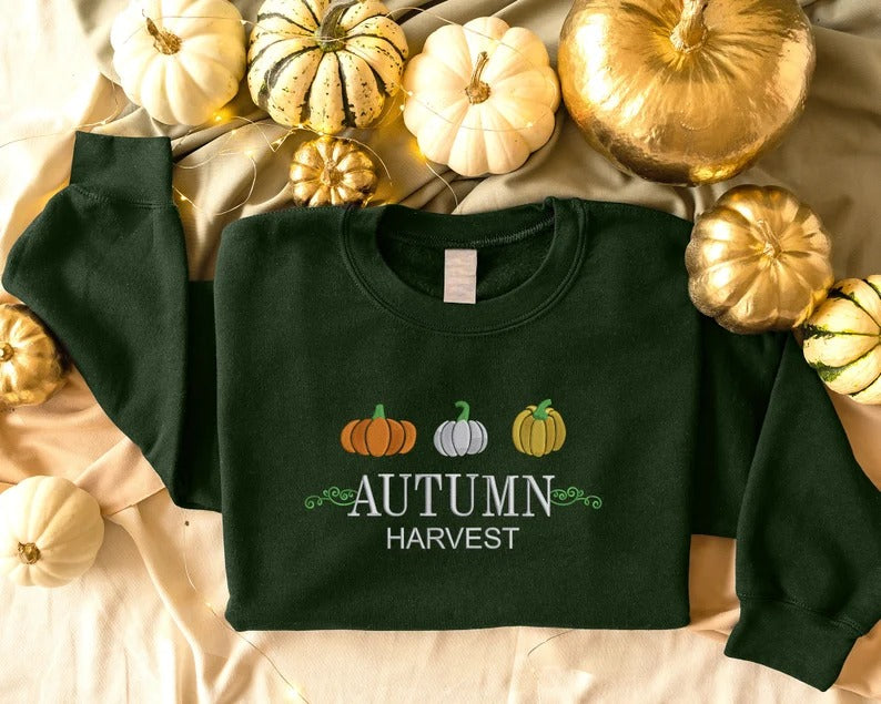 Vintage Autumn Harvest Sweatshirt, Embroidered Halloween Pumpkin Sweater, Fall Thanksgiving Jumper, Halloween Autumn Season Clothing Gifts