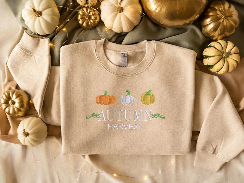 Vintage Autumn Harvest Sweatshirt, Embroidered Halloween Pumpkin Sweater, Fall Thanksgiving Jumper, Halloween Autumn Season Clothing Gifts