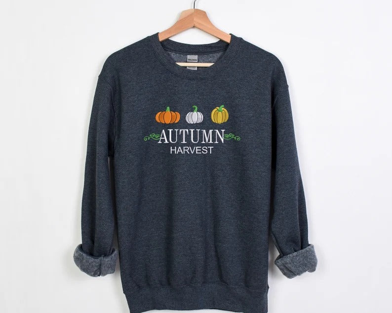 Vintage Autumn Harvest Sweatshirt, Embroidered Halloween Pumpkin Sweater, Fall Thanksgiving Jumper, Halloween Autumn Season Clothing Gifts