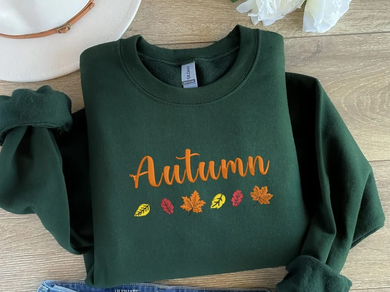 Embroidered Autumn Sweatshirt, Fall Leaves Crewneck Sweatshirt, Vintage Thanksgiving Foliage Jumper, Autumn Season Matching Clothing Gifts