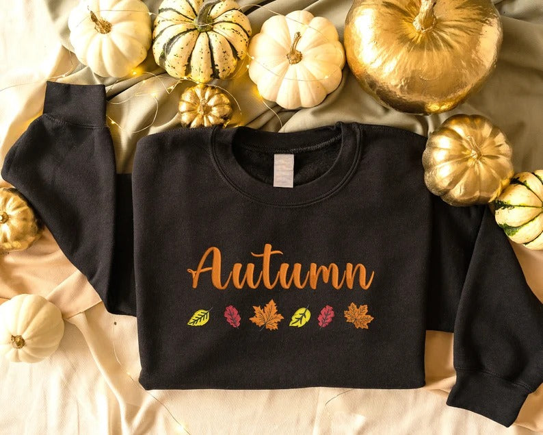 Embroidered Autumn Sweatshirt Fall Leaves Crewneck Sweatshirt Vintage Thanksgiving Foliage Jumper Autumn Season Matching Clothing Gifts