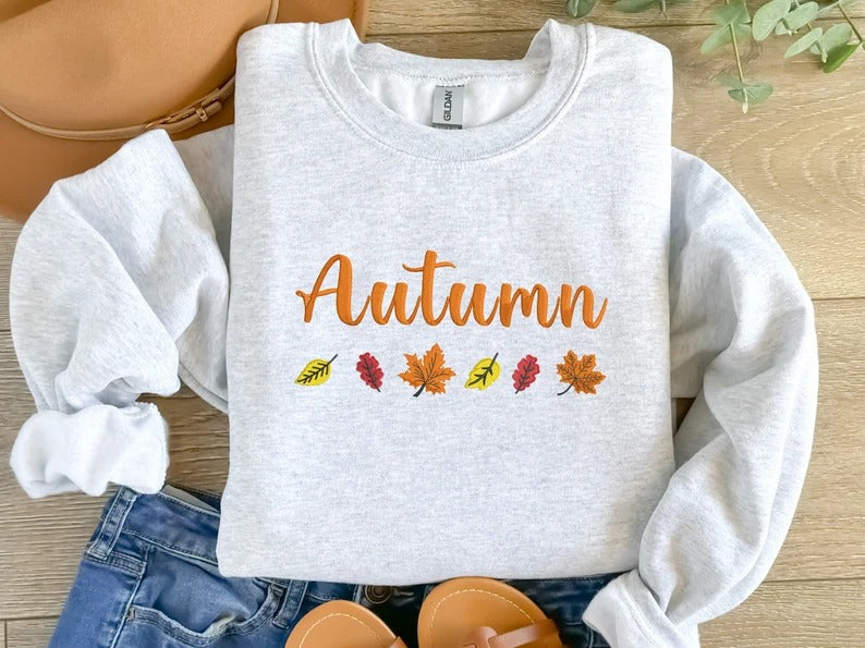 Embroidered Autumn Sweatshirt, Fall Leaves Crewneck Sweatshirt, Vintage Thanksgiving Foliage Jumper, Autumn Season Matching Clothing Gifts