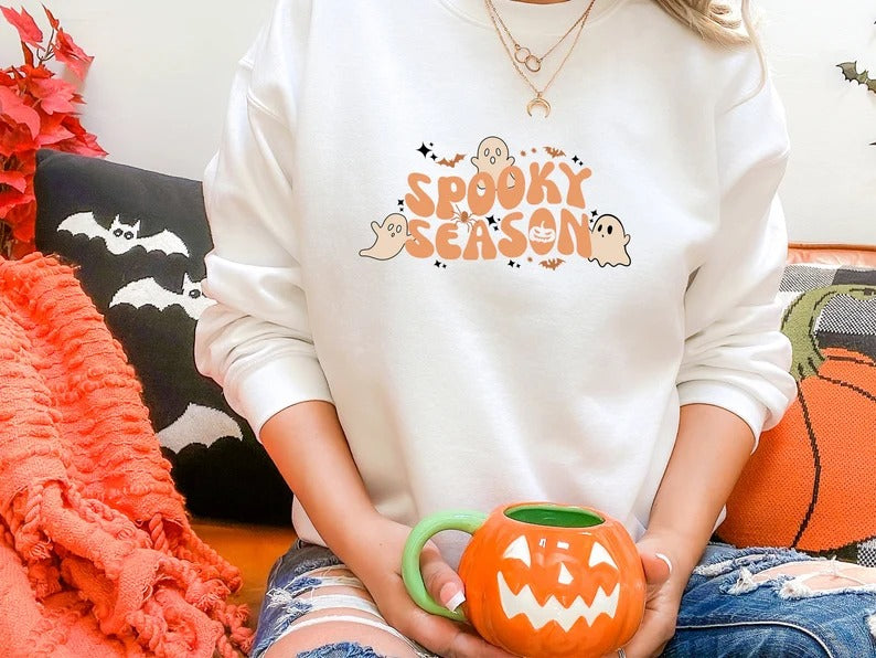 Spooky Season Halloween Sweater, Halloween Ghosts Printed Sweatshirt, Family Matching Tops, Unisex Adults Jumper, Halloween Night Party Gift