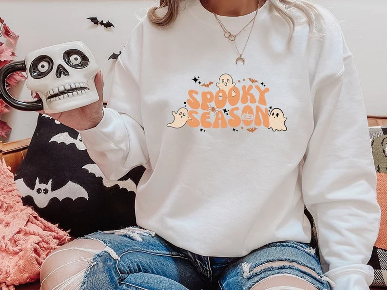 Spooky Season Halloween Sweater, Halloween Ghosts Printed Sweatshirt, Family Matching Tops, Unisex Adults Jumper, Halloween Night Party Gift