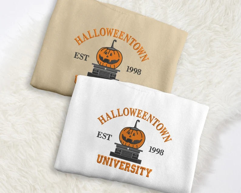 Halloween Town University Sweatshirt, Embroidered Halloween Pumpkin Jumper, Spooky Season Crewneck Sweater, Halloween Ghost Unisex Outfits