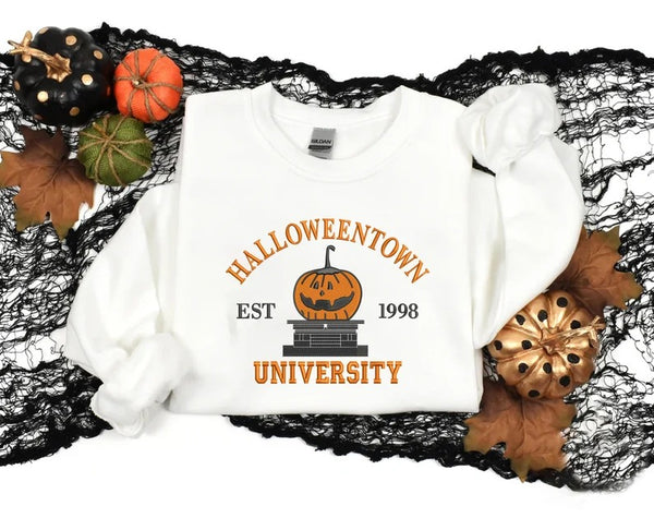 Halloween Town University Sweatshirt, Embroidered Halloween Pumpkin Jumper, Spooky Season Crewneck Sweater, Halloween Ghost Unisex Outfits