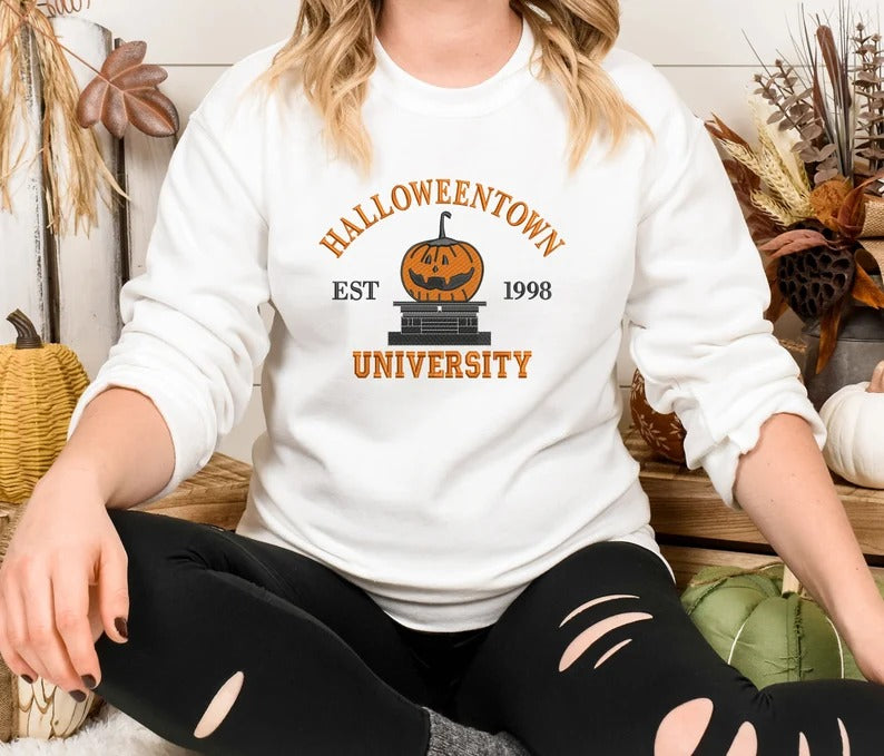 Halloween Town University Sweatshirt, Embroidered Halloween Pumpkin Jumper, Spooky Season Crewneck Sweater, Halloween Ghost Unisex Outfits