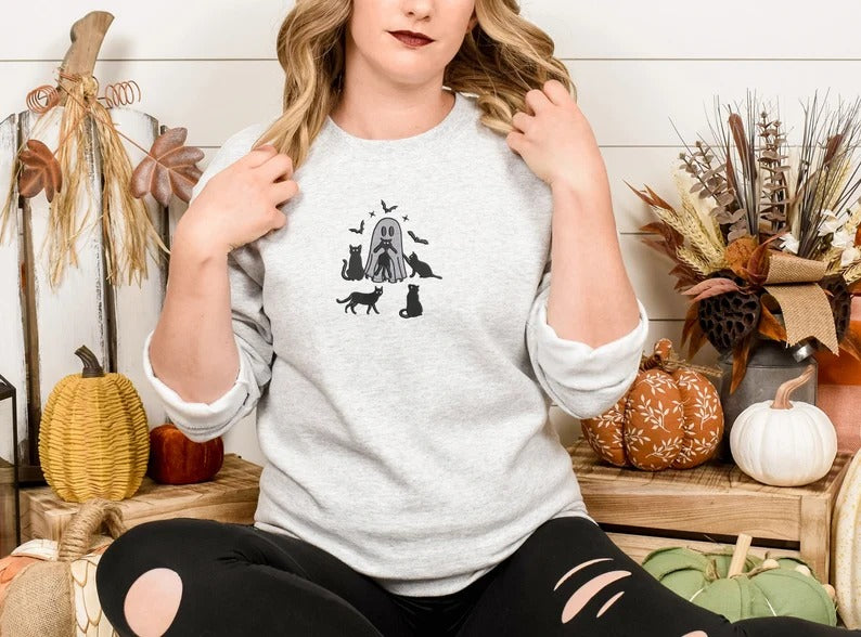 Halloween Black Cats Sweater, Embroidered Spooky Cats Fall Sweatshirt, Ghosts Holding Cats Women Sweatshirt, Cute Cat Halloween Gift Outfits