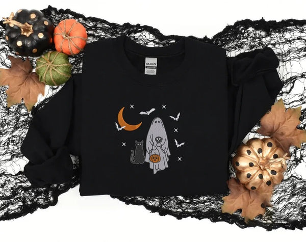 Embroidered Halloween Ghost Sweatshirt, Halloween Pumpkin Sweater, Unisex Crewneck Jumper, Halloween Sweater, Spooky Season Autumn Fall Gift