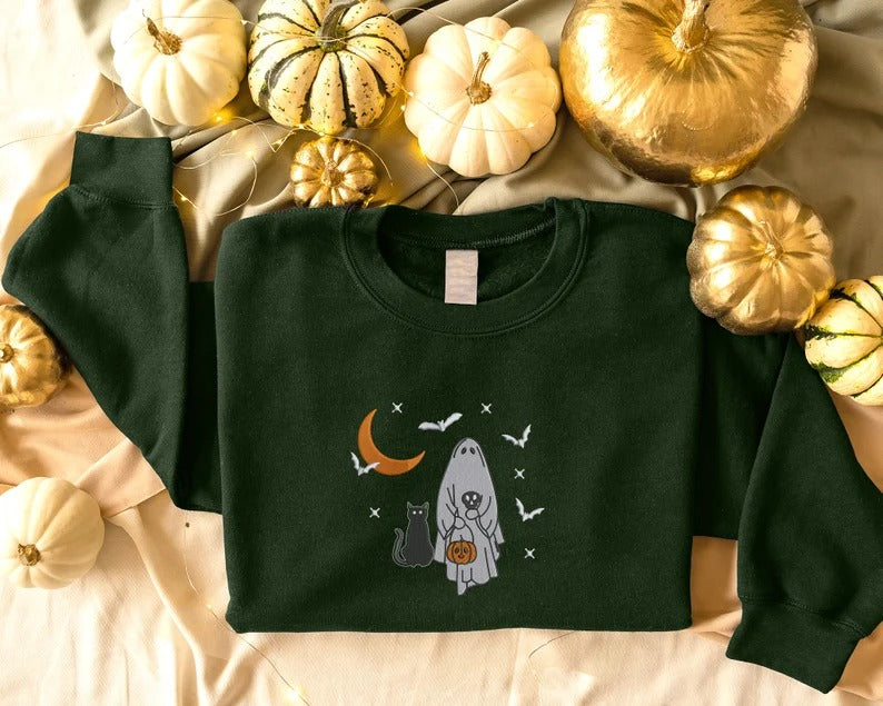 Embroidered Halloween Ghost Sweatshirt, Halloween Pumpkin Sweater, Unisex Crewneck Jumper, Halloween Sweater, Spooky Season Autumn Fall Gift