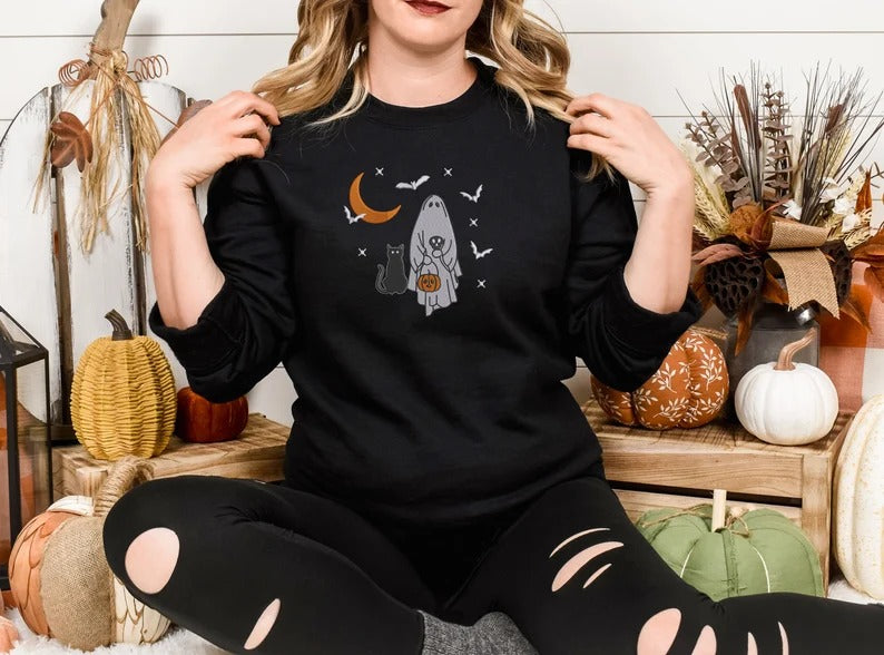 Embroidered Halloween Ghost Sweatshirt, Halloween Pumpkin Sweater, Unisex Crewneck Jumper, Halloween Sweater, Spooky Season Autumn Fall Gift