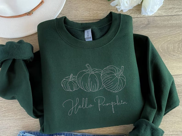 Hello Pumpkin Halloween Sweater, Embroidered Outline Pumpkins Sweatshirt, Autumn Jumper, Gender Neutral Sweater, Vintage Spooky Season Tops