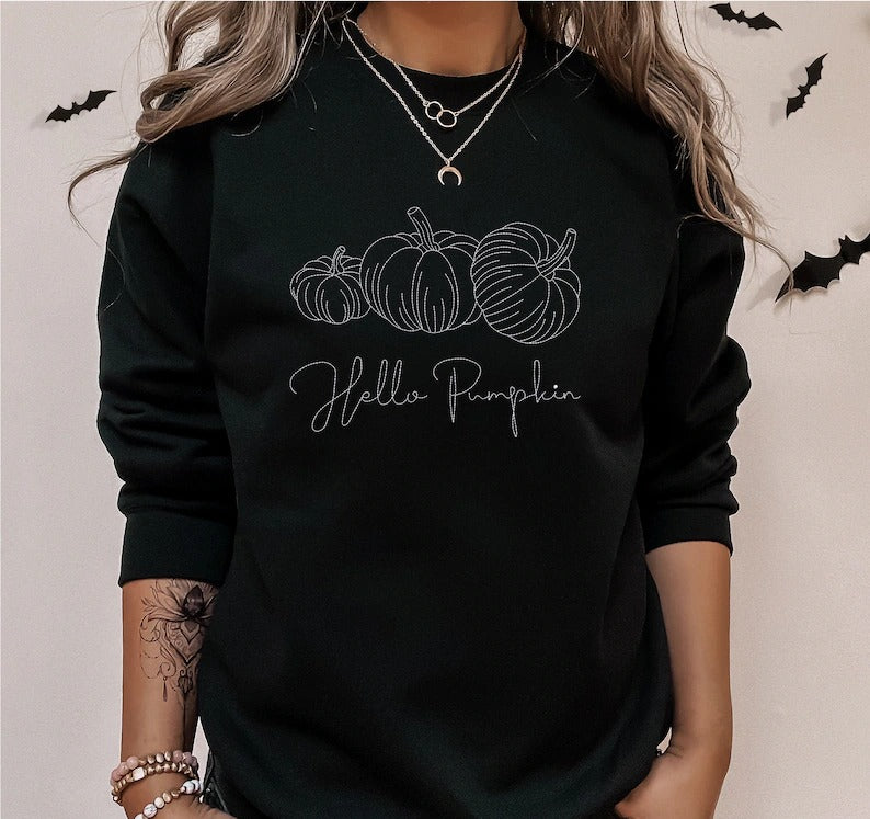 Hello Pumpkin Halloween Sweater, Embroidered Outline Pumpkins Sweatshirt, Autumn Jumper, Gender Neutral Sweater, Vintage Spooky Season Tops