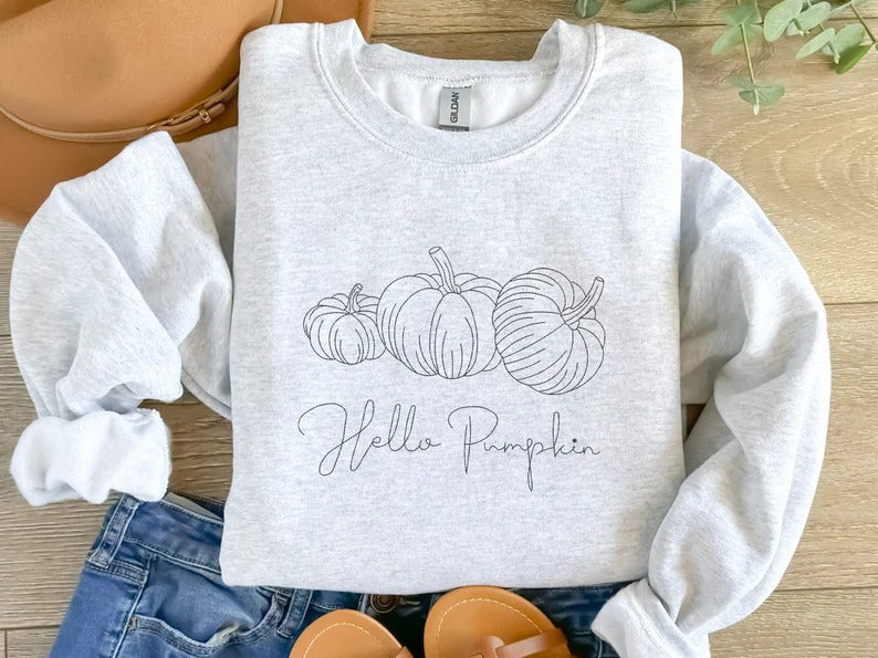 Hello Pumpkin Halloween Sweater, Embroidered Outline Pumpkins Sweatshirt, Autumn Jumper, Gender Neutral Sweater, Vintage Spooky Season Tops