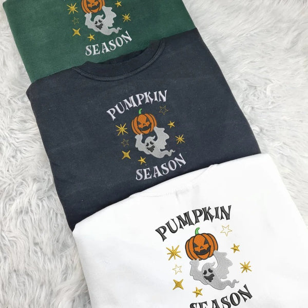 Embroidered Pumpkin Season Sweatshirt, Winking Pumpkin Halloween Sweater, Autumn Spooky Season Clothing, Halloween Embroidery Unisex Jumpers