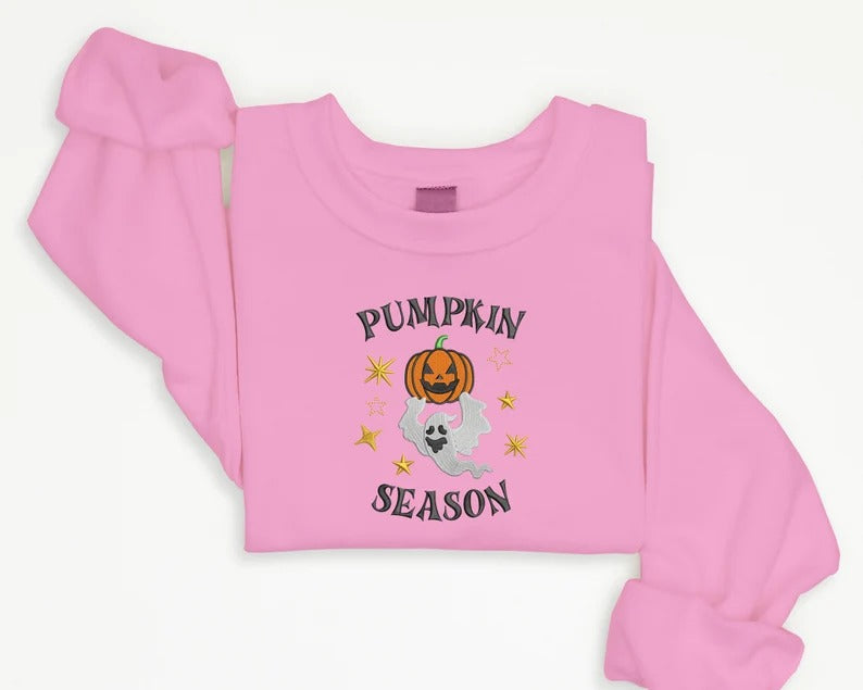 Embroidered Pumpkin Season Sweatshirt, Winking Pumpkin Halloween Sweater, Autumn Spooky Season Clothing, Halloween Embroidery Unisex Jumpers