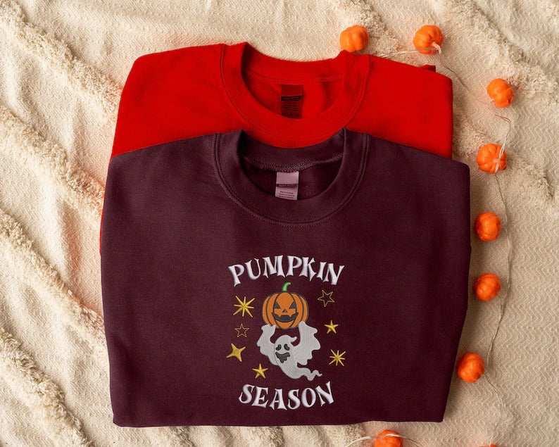 Embroidered Pumpkin Season Sweatshirt, Winking Pumpkin Halloween Sweater, Autumn Spooky Season Clothing, Halloween Embroidery Unisex Jumpers