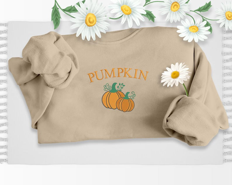 Embroidered Pumpkin Sweatshirt, Halloween Pumpkin Crewneck Sweater, Eco Pumpkin Jumper, Autumn Fall Spooky Season Jumpers, Halloween Outfits