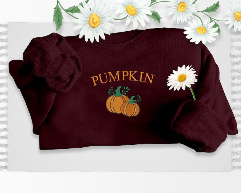 Embroidered Pumpkin Sweatshirt, Halloween Pumpkin Crewneck Sweater, Eco Pumpkin Jumper, Autumn Fall Spooky Season Jumpers, Halloween Outfits