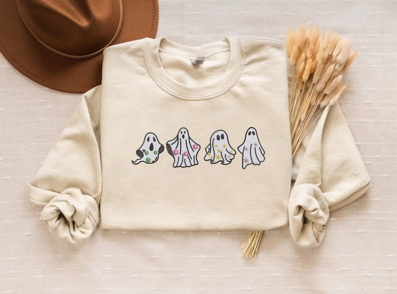 Embroidered Ghost Halloween Sweater, Cute Ghosts Spooky Season Sweatshirts, Halloween Jumper, Family Matching Halloween Gifts, Fall Jumpers