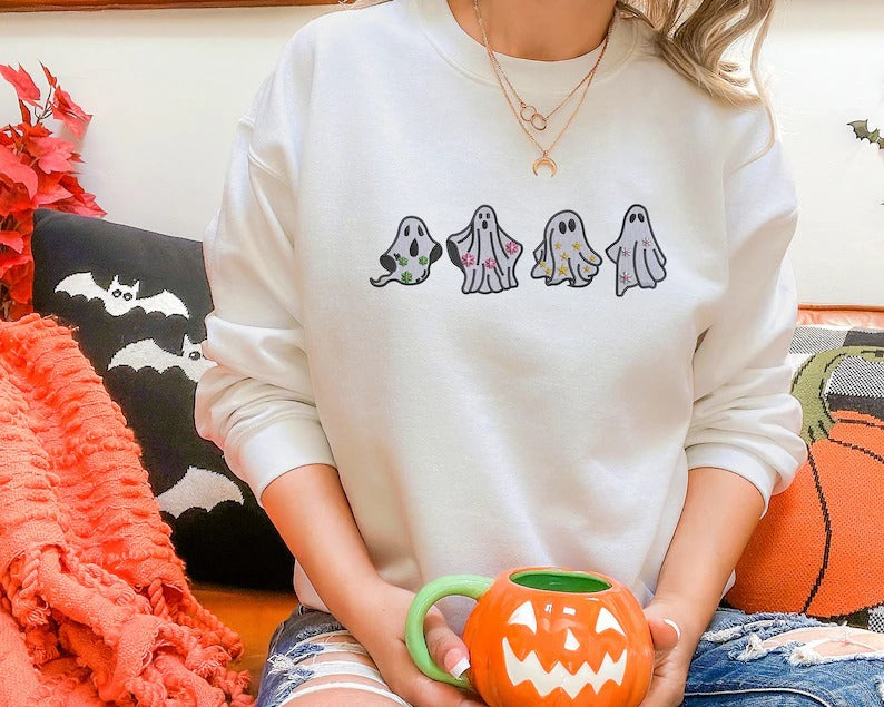 Embroidered Ghost Halloween Sweater, Cute Ghosts Spooky Season Sweatshirts, Halloween Jumper, Family Matching Halloween Gifts, Fall Jumpers