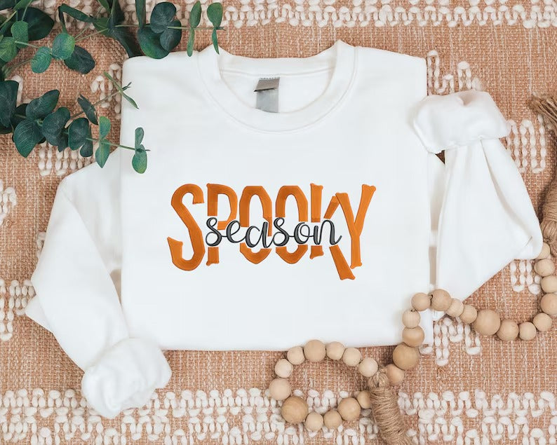 Embroidered Spooky Season Sweatshirt, Retro Halloween Sweaters, Family Matching Trendy Autumn Jumper, Unisex Adults Tops, Halloween Outfits