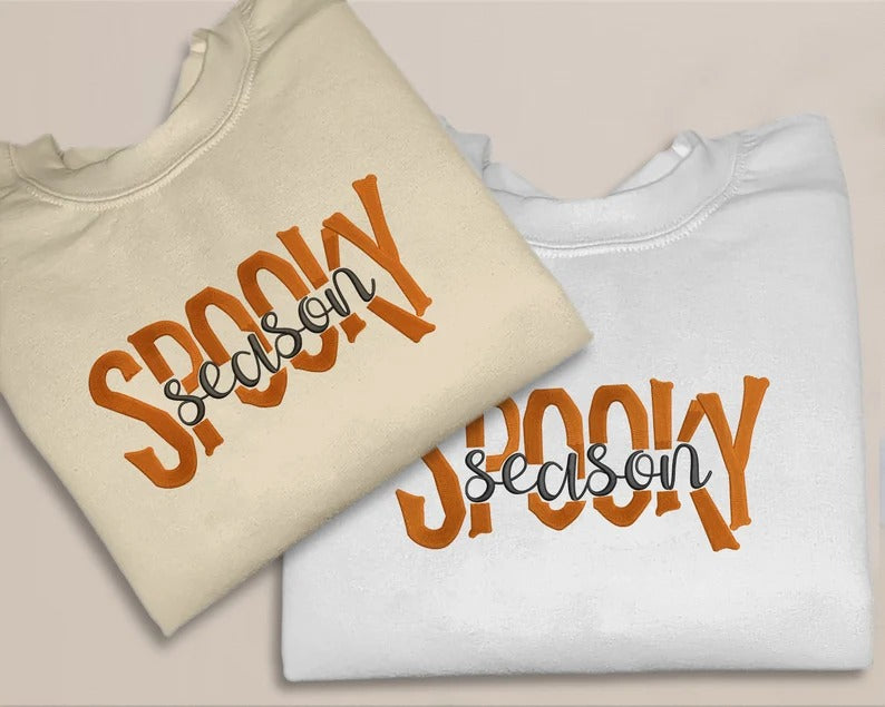 Embroidered Spooky Season Sweatshirt, Retro Halloween Sweaters, Family Matching Trendy Autumn Jumper, Unisex Adults Tops, Halloween Outfits